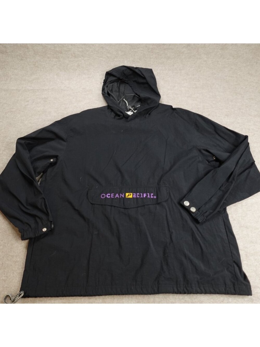 Ocean Pacific Jacket XL Black Anorak Hooded Nylon Embroidered Vintage